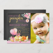 Girls Little Pumpkin Foto erster Geburtstag Einladung (Vorne/Hinten)