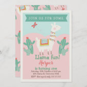 Girls Llama Cactus Birthday Einladung (Vorne/Hinten)