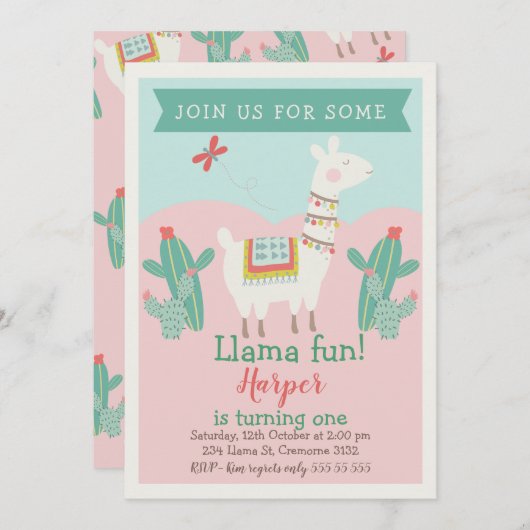 Girls Llama Cactus Birthday Einladung (Vorne/Hinten)