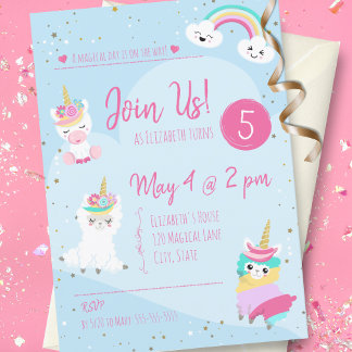 Girls Llamacorn Unicorn Geburtstagsparty Einladung