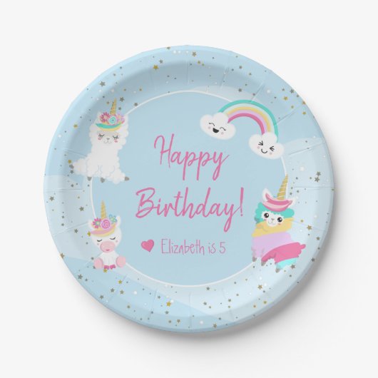 Girls Llamacorn Unicorn Happy Birthday Pappteller (Vorderseite)