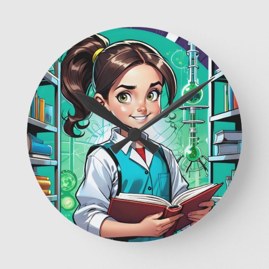 Girls Love Science! Runde Wanduhr (Vorderseite)