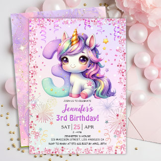 Girls Magical Unicorn 3. Geburtstags-Party Einladung