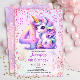 Girls Magical Unicorn 4. Geburtstag Party Einladung