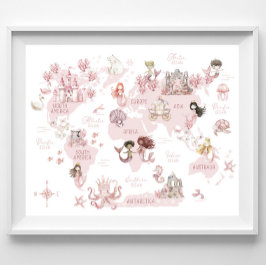 Girls Magical World Map, Pink Mermaids und Burgen Poster