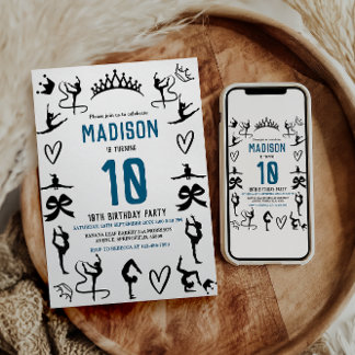 Girls Modern Black Gymnastics Kids 10th Birthday Einladung