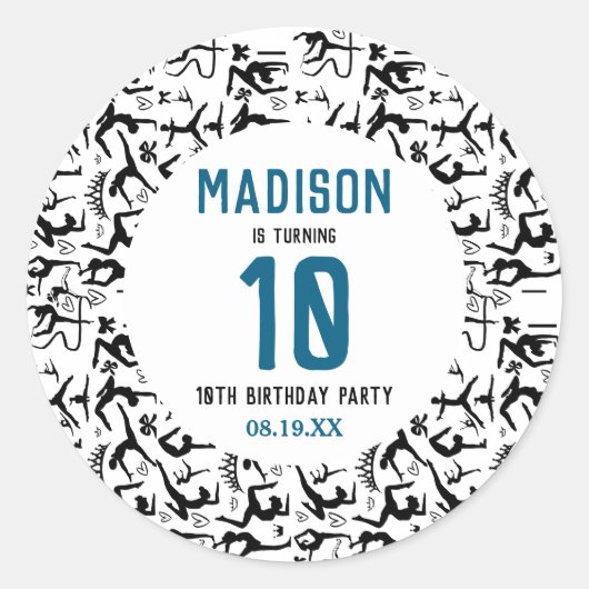 Girls Modern Black Gymnastics Kids 10th Birthday Runder Aufkleber (Vorderseite)