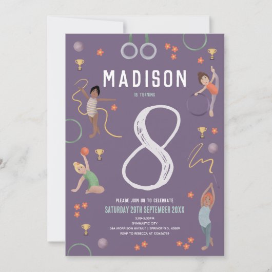 Girls Modern Purple Gymnastics Kids Birthday Einladung (Vorderseite)