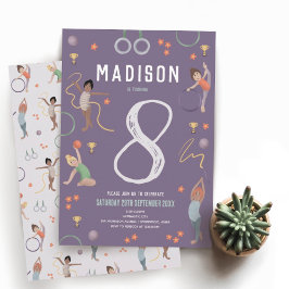 Girls Modern Purple Gymnastics Kids Birthday Einladung