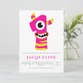 Girls Monster 1. Geburtstag Party Einladung (Stehend Vorderseite)