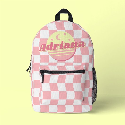 Girls Name Groovy Pink White Wavy Checkerboard Bedruckter Rucksack