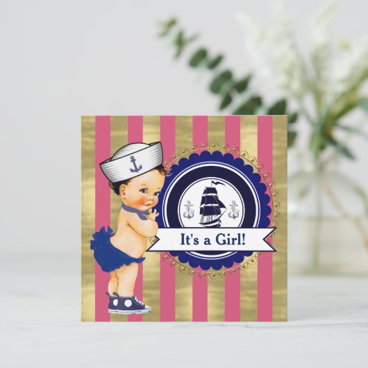 Girls Nautical Baby Dusche Einladung (Stehend Vorderseite)
