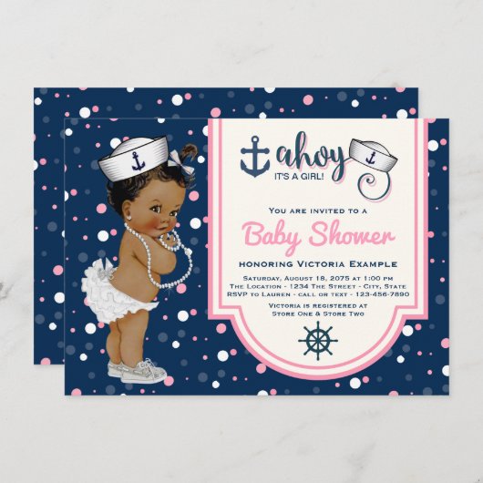 Girls Nautical Baby Showafrikanischer Amerikaner Einladung (Vorne/Hinten)
