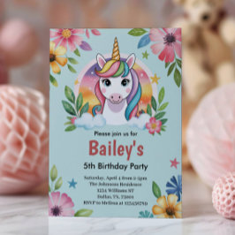 Girls Niedlich Blue Unicorn Kindergeburtstag Einladung