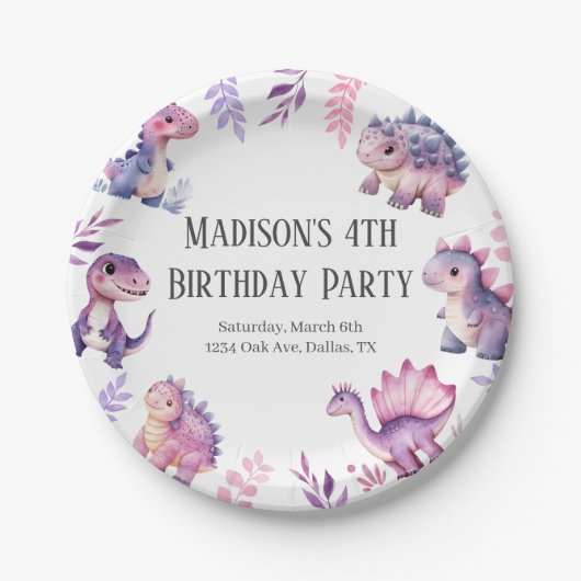 Girls Niedlich Dinosaur Themed Geburtstagsparty Pappteller (Vorderseite)