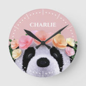 Girls Niedlich Floral Panda Bär Personalisierte Uh Runde Wanduhr (Vorderseite)