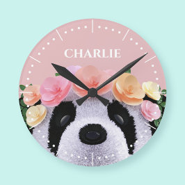 Girls Niedlich Floral Panda Bär Personalisierte Uh Runde Wanduhr