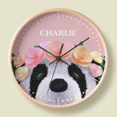 Girls Niedlich Floral Panda Bär Personalisierte Uh Runde Wanduhr