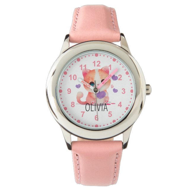 Girls Niedlich Kitty Kitten Katze Pink Individuell Armbanduhr (Vorderseite)