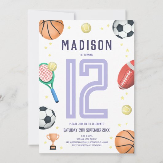 Girls Niedlich Lila Sports Cartoon Kindergeburtsta Einladung (Vorderseite)