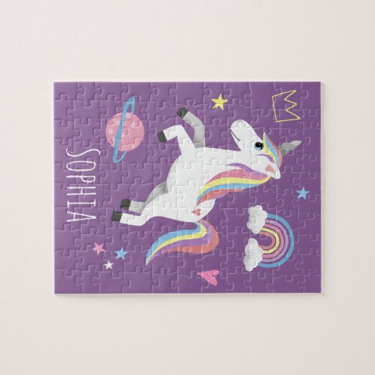 Girls Niedlich Magical Lila Unicorn & Name Kinder Puzzle (Horizontal)
