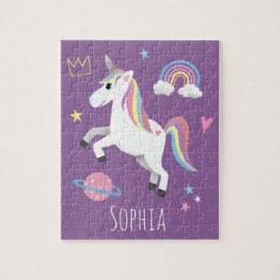 Girls Niedlich Magical Lila Unicorn & Name Kinder Puzzle