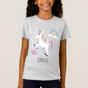 Girls Niedlich Magical Lila Unicorn & Name T-Shirt
