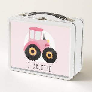 Girls Niedlich Pink Farm Tractor Kinderschule Metall Brotdose