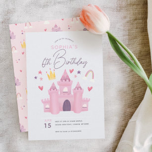 Girls Niedlich Pink Princess Palace 6. Geburtstag Einladung