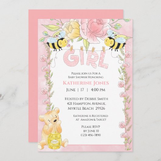 Girls Niedliche Bienen und Honey Bear Baby Shower Einladung (Vorne/Hinten)