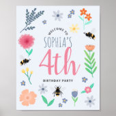 Girls Niedliche Blumenbiene Geburtstagswillkommens Poster (Vorne)