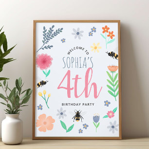 Girls Niedliche Blumenbiene Geburtstagswillkommens Poster