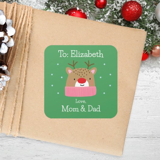 Girls Niedlicher Cartoon Custom Festive Rentier Ho Quadratischer Aufkleber