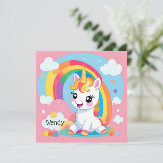 Girls Niedlicher Einhorn-Regenbogen-Individuelle N Einladung (Stehend Vorderseite)