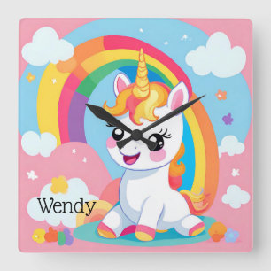 Girls Niedlicher Einhorn-Regenbogen-Individuelle N Quadratische Wanduhr