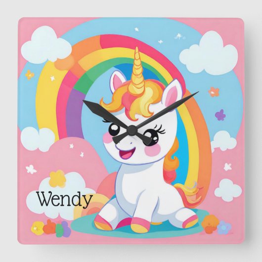 Girls Niedlicher Einhorn-Regenbogen-Individuelle N Quadratische Wanduhr (Vorderseite)