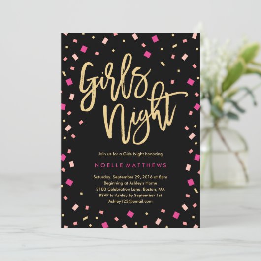 Girls Night Confetti Junggeselinnen-Abschied Einla Einladung (Stehend Vorderseite)