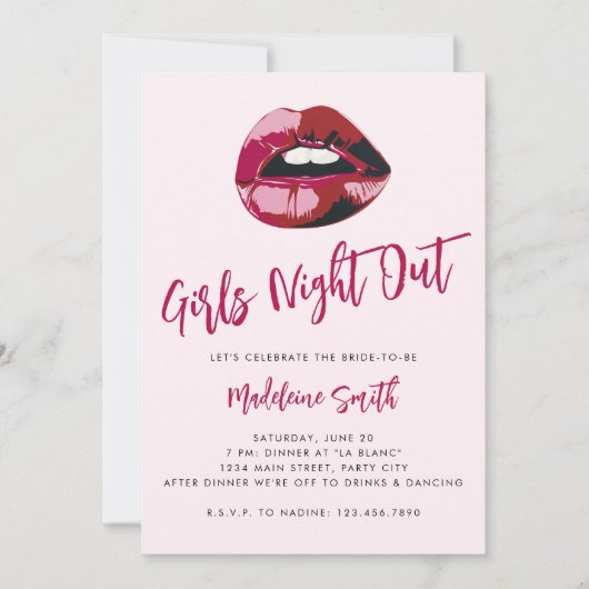 Girls Night Out Rosa Lippen Frische Spaß Bachelore Einladung (Vorderseite)
