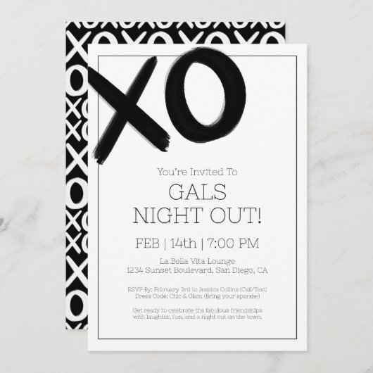 Girls Night Out XOXO Black Friends Galentine Party Einladung (Vorne/Hinten)