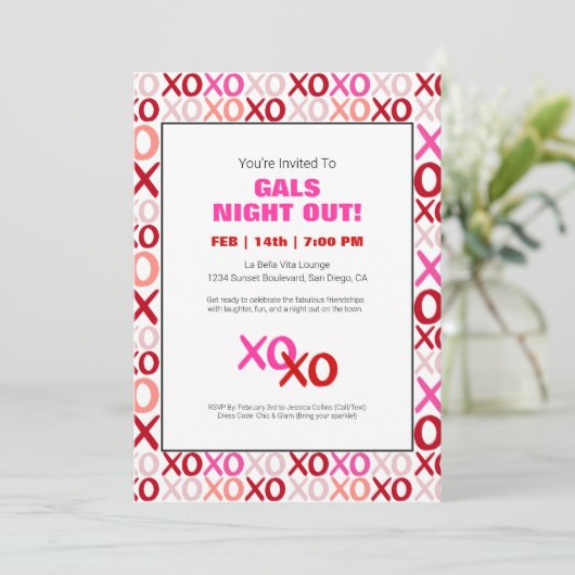 Girls Night Out XOXO Pink Niedlich Galentine Day P Einladung (Stehend Vorderseite)