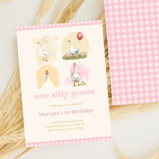 Girls One Albern Goose Pink First Birthday Gingham Einladung