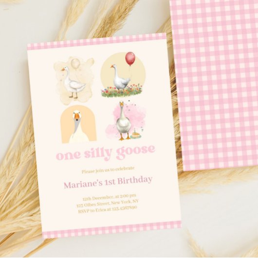 Girls One Albern Goose Pink First Birthday Gingham Einladung