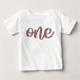 Girls One First Birthday Rose Gold Glitzer Baby T-shirt