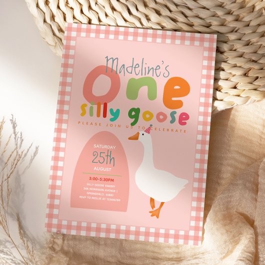 Girls One Silly Goose Pink Gingham First Birthday Einladung