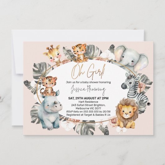 Girls Oval Frame Boho Tropical Safari Kinderdusche Einladung (Vorderseite)