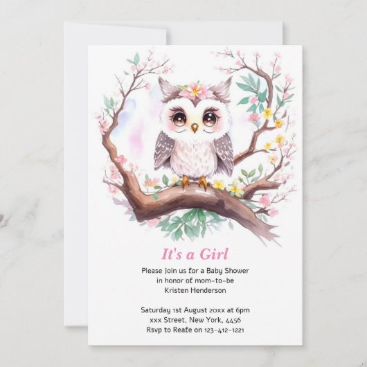 Girl's Owl Baby Shower Forest Adventure Einladung (Vorderseite)