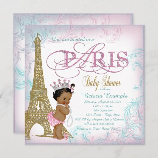 Girls Paris Baby Shower Pink Aquamarine Perlen Einladung (Vorne/Hinten)