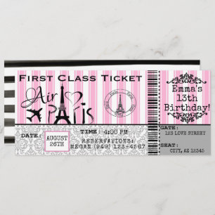 Girl's Paris France Airline Ticket Geburtstag Einladung