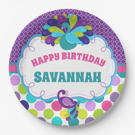 Girls Peacock Happy Birthday Party Personalisiert Pappteller (Vorderseite)