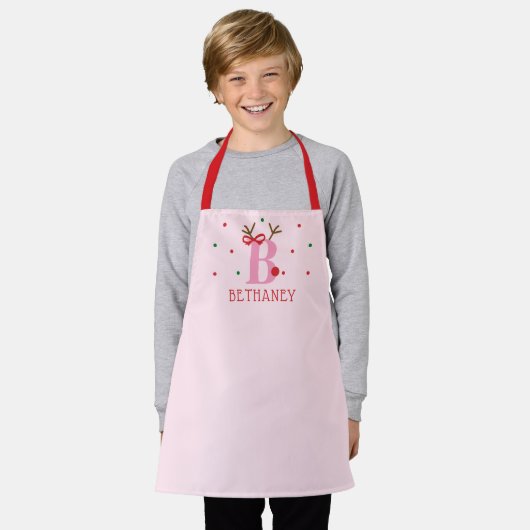 Girls Personalized Reindeer Initial B Schürze (Getragen)